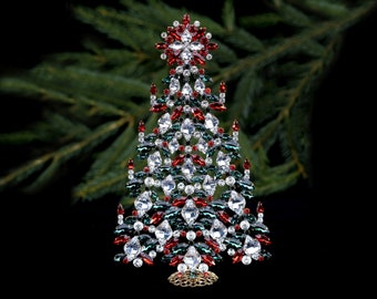 Intricate table top Xmas tree, Clear, LT Siam and Emerald coloured Czech rhinestone crystals, rhinestone Christmas tree