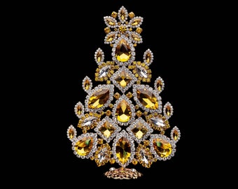 Bold Christmas Tree (Yellow), Vintage Christmas tree handcrafted with yellow rhinestones.