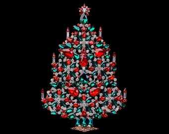 Christmas Tree (Green and Red), Handcrafted Christmas tree from green, red and clear rhinestones .