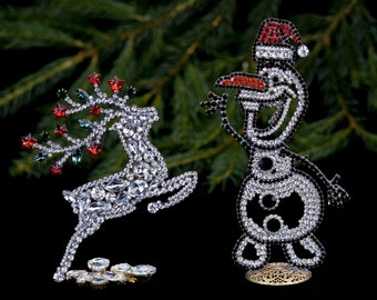 Christmas decor, Czech christmas set - Prancing Christmas Reindeer with Emerald and LT Siam Antlers and Festive Snowman