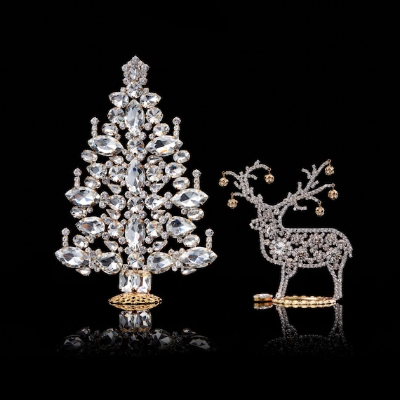 Crystal Rhinestone Christmas Tree and Reindeer, Czech Vintage Decoration