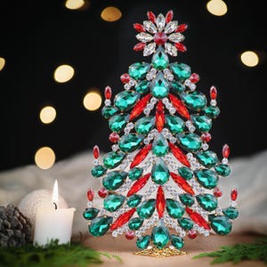 Festive table top glass Christmas Tree ornament handcrafted with Clear, LT Siam and Emerald coloured Czech rhinestone crystals.