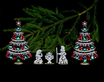 Mary, Joseph, Baby Jesus + Christmas Tree decorated with Clear, LT Siam and Emerald coloured rhinestone, Bethlehem