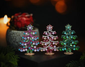 Set mit 3 funkelnden Kristall-Weihnachtsbäumen, handgefertigtes tschechisches Strass-Dekor, Geschenkbox
