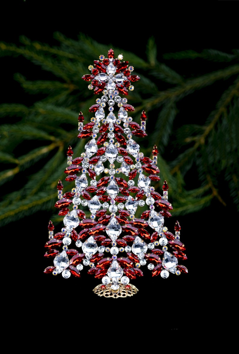 Intricate table top Xmas tree, handcrafted with Clear and LT Siam coloured Czech rhinestone crystals with Christmas decorations. image 2