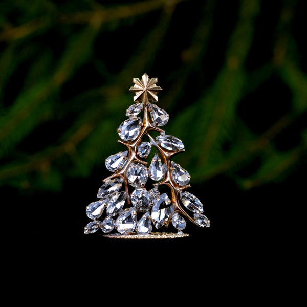 Impressive glitzy gold table top Christmas tree, handcrafted with Clear coloured Czech rhinestone crystal ornament decorations.