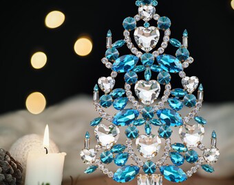 Handmade Aqua Crystal Christmas Tree, Rhinestone Ornament