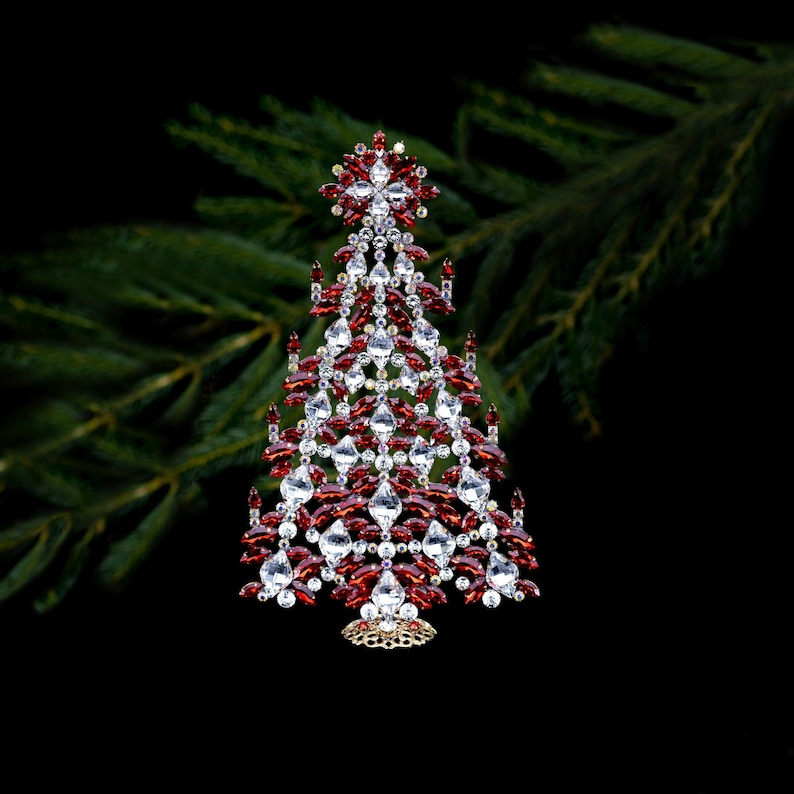 Intricate table top Xmas tree, handcrafted with Clear and LT Siam coloured Czech rhinestone crystals with Christmas decorations. image 1