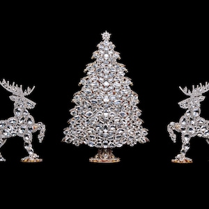 3D Snowy Yule Christmas Tree  with Two Reindeers (Clear), Czech handmade set of 3D Christmas Tree and twoo reindeers.