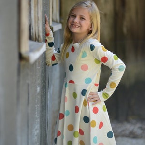 Organic Cotton Children's Long Sleeve Jersey Knit Dress, Multi-Color Polka Dot, 10-12 Years Old, GOTS Certified, Girls, Kids Clothes image 1