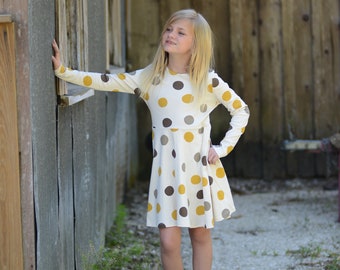 Organic Cotton Children's Long Sleeve Jersey Knit Dress, Golden Polka Dot, 8-9 Years Old, GOTS Certified, Girls, Kids Clothes