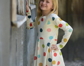 Organic Cotton Children's Long Sleeve Jersey Knit Dress, Multi-Color Polka Dot, 10-12 Years Old, GOTS Certified, Girls, Kids Clothes