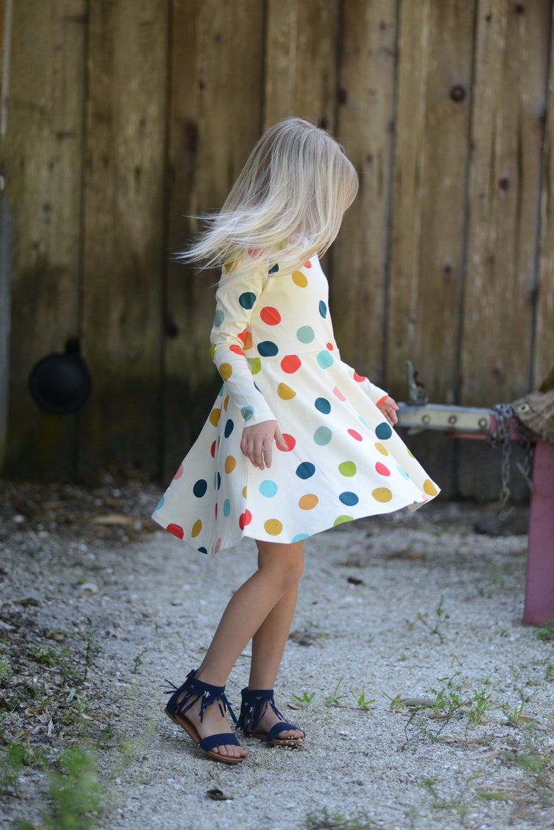 Organic Cotton Children's Long Sleeve Jersey Knit Dress, Multi-Color Polka Dot, 10-12 Years Old, GOTS Certified, Girls, Kids Clothes image 2