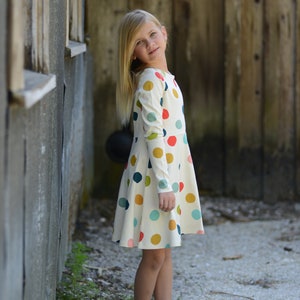 Organic Cotton Children's Long Sleeve Jersey Knit Dress, Multi-Color Polka Dot, 10-12 Years Old, GOTS Certified, Girls, Kids Clothes image 3