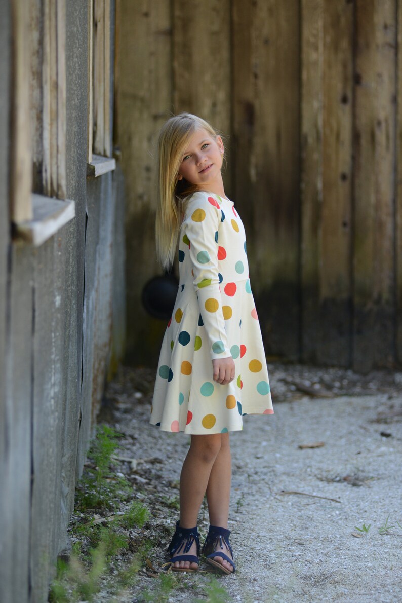 Organic Cotton Children's Long Sleeve Jersey Knit Dress, Multi-Color Polka Dot, 10-12 Years Old, GOTS Certified, Girls, Kids Clothes image 3