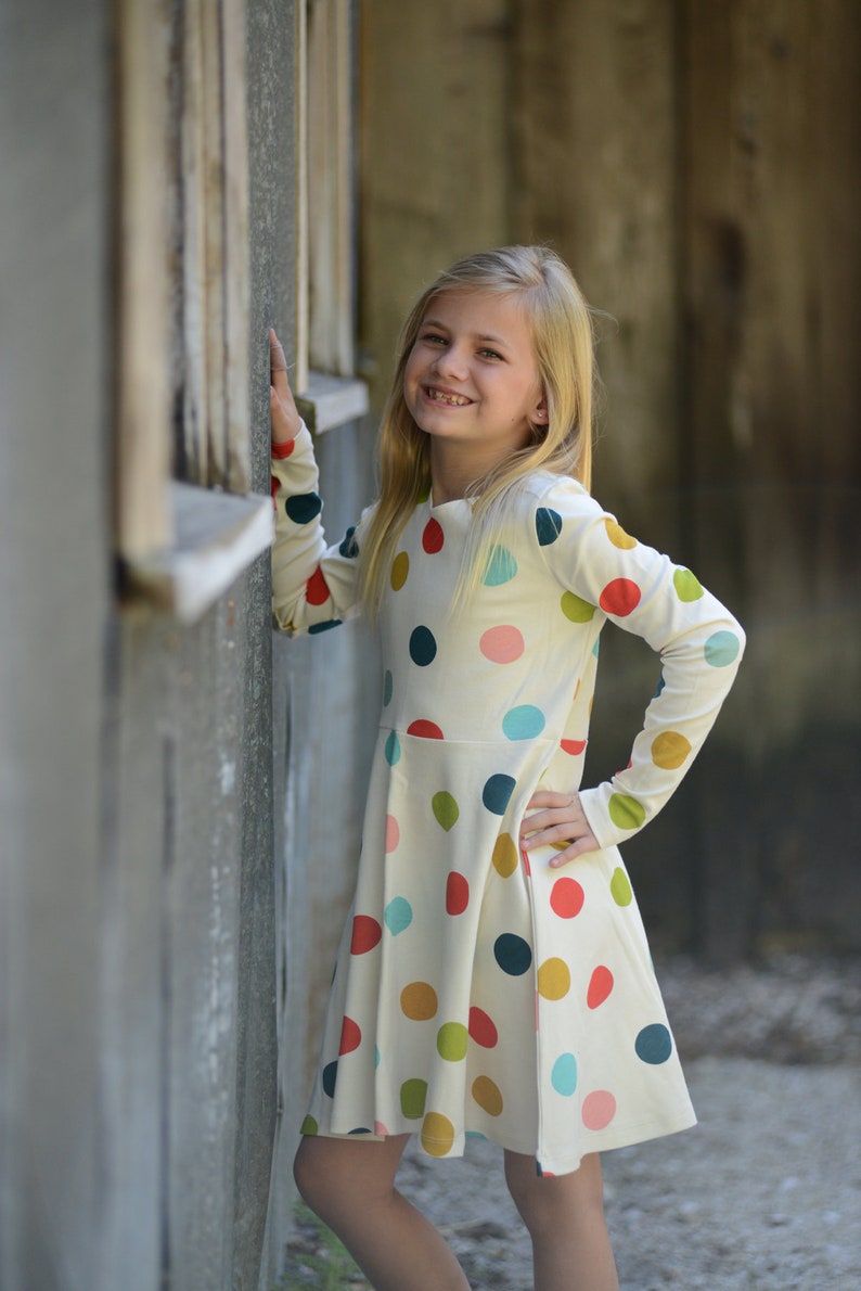 Organic Cotton Children's Long Sleeve Jersey Knit Dress, Multi-Color Polka Dot, 10-12 Years Old, GOTS Certified, Girls, Kids Clothes image 1