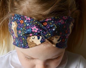 Hedgehog on blue Headband  flowers  Size 39cm -56 cm, Headband  kids, headband elastc knit,Stretch Knit Jersey Headband girls  baby girl,