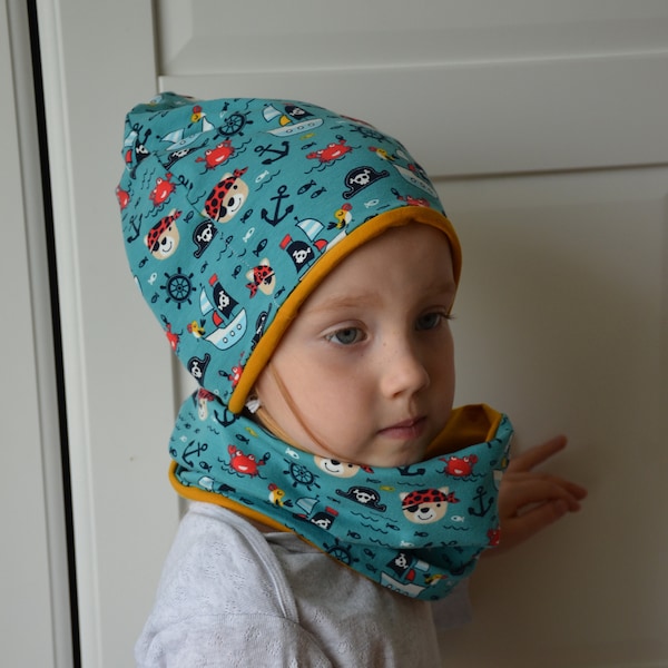 Ensemble bonnet et boucle Pirates, bonnet et foulard taille 39 cm -56 cm, pirate marin Beanie Loop enfants, bonnet, Mütze Schal