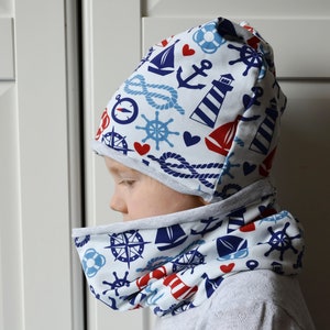 Marine Beanie Hoofdband en lussenset, Anchors Beanie Muts en Sjaal Maat 39 cm -56 cm, Band Beanie Loop kinderen, Maritieme muts, Mütze Schal