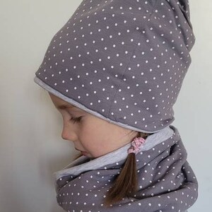 Polka dots grijs meisje lente herfst muts en lus set, grijs witte muts en sjaal Maat 39cm-56cm, Beanie Loop kids,nieuwe collectie