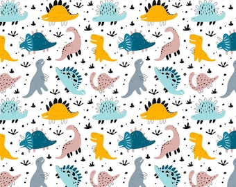 Può includere: Uno schema senza cuciture con una varietà di dinosauri colorati in diverse pose. I dinosauri sono disegnati in uno stile semplice e cartonato e sono posizionati su uno sfondo bianco con punti e scarabocchi neri.