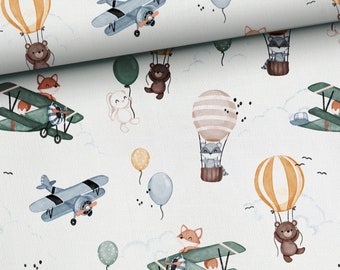 Planes ballon cotton /jersey PREMIUM Fabric, Digital Print  , Animals plane ballons Cotton Fabric, kids cotton fabric  Width 155cm /61"