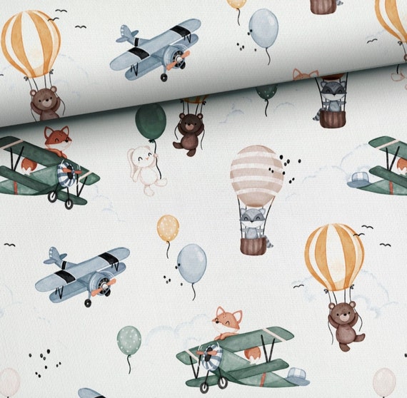 Planes ballon cotton /jersey PREMIUM Fabric, Digital Print  , Animals plane ballons Cotton Fabric, kids cotton fabric  Width 155cm /61"