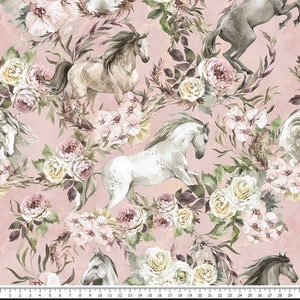 Horse in flower digital print PREMIUM 100% Cotton Fabric,wild horses and roses fabric, cotton fabric  ,Width 155cm /61&quot; by yard/meter