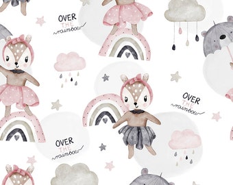 Rainbow Deer  Fabric, Premium Digital Print Cotton, Forest Animals Woodland Cotton Fabric, rainbow girl fabric Width 155cm /61"