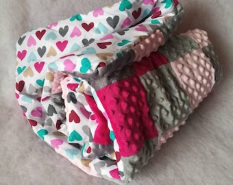 Patchwork Blanket, Baby Blanket, soft  baby minky blanket,  Decke  mit  Füllung, Pink gray Blanket, hearts Blanket, Baby Girl sweet Blanket