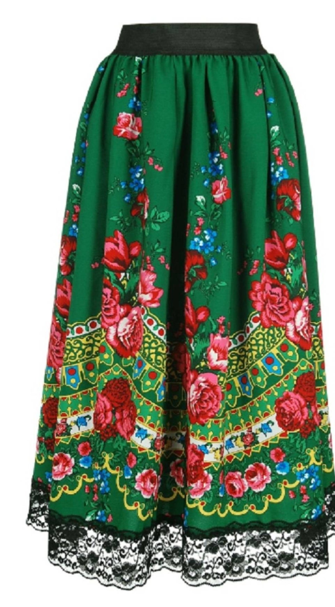 Traditional Green Folk Skirt Maxi, Floral Skirt, Gypsy Skirt, Roses
