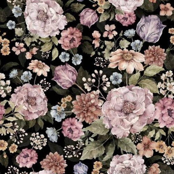 Tissu vintage à fleurs, fleurs sur coton premium noir, gerbera, coton impression numérique premium de qualité supérieure, tissu en coton, fleurs roses, largeur 155 cm / 61 po.