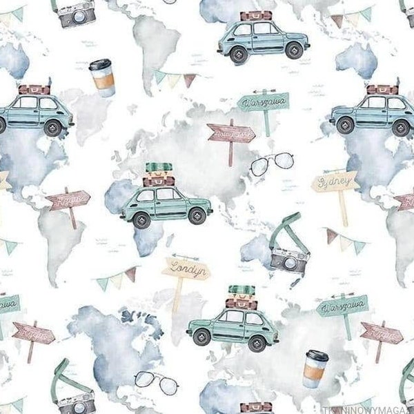 Around the world travel fiat 126p map premium digital print Cotton Fabric,  100% cotton,Fabric by the Yard 61" wide,by meter 155 cm wide