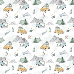 Explorez l'impression de voyage en camping-car, tissu en coton 100 % coton, tissu en coton avec bordures, tissu 61 po. de large par mètre, 155 cm de large au mètre