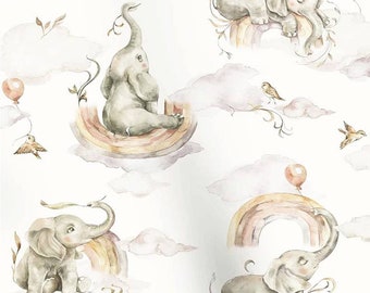 Elefants sweet cotton Fabric, rainbow elefants Print Cotton, elefants in sky Cotton Fabric,  Width 155cm /61"