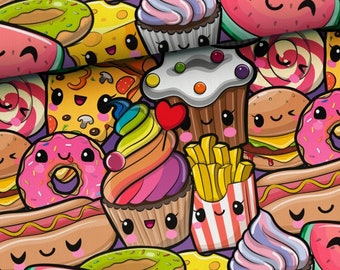 Funny food  Fabric, Premium Digital Print Cotton/ jersey, colorfull   Cotton Fabric, funny sweets fabric, kids fabric  Width 155cm /61"