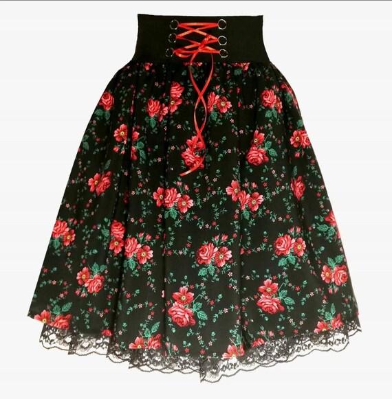 Traditional Roses Folk Skirt Midi,roses Floral Skirt, Gypsy Skirt