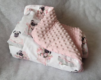 Pugs em tulipas cobertor de bebê, cães em flor rosa minky cobertor com enchimento, Premium cobertor debrum Minky cobertor, rosa cobertor, cobertor de bebê