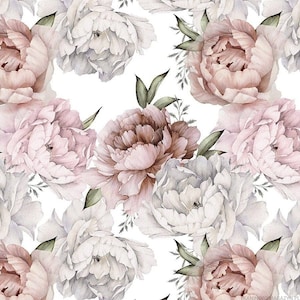 Peonies pink white Flower Fabric,Peonies Premium Digital Print Cotton, beautiful flower Cotton Fabric, Flowers Rose  cotton Width 155cm /61&quot;