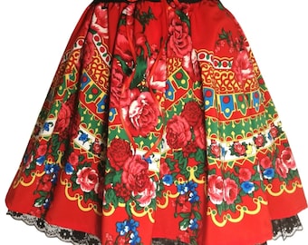 Traditionele folkrok midi, bloemenrok, zigeunerrok, rozenrok, Poolse folkhooglanderrok, etnische rok, Slavische folkrok