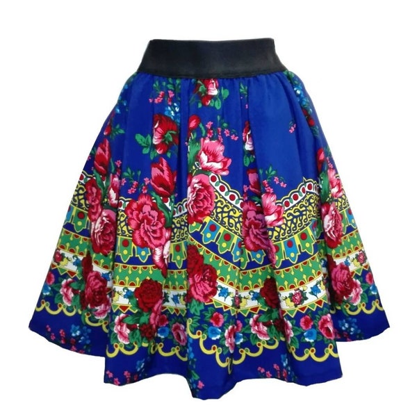 Traditional folk skirt midi, floral skirt, gypsy skirt, roses on blue skirt, Polish folk highlander skirt, ethnic skirt, slavic folk skirt