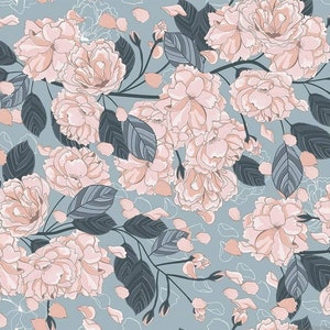 Rose su tessuto floreale grigio, cotone stampa digitale Premium, tessuto di cotone fiore ad acquerello, fiori rosa grigio cotone rosa Larghezza 155 cm / 61 &quot;