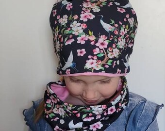 Cranes flowers on black girl spring autumn Beanie and loop set,pink Beanie Hat and Neck scarf Size 39cm-56cm, Beanie Loop kids,New Colection