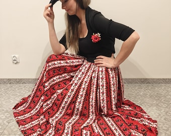 伝統的な民族スカート MAXI 100 cm、非常に幅広の花柄スカート、カントリー フォーク スタイル スカート、ポーランドの民族スカート、エスニック スカート、スラブの白赤スカート