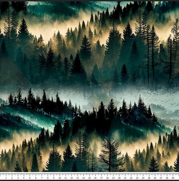 Góra we mgle Tkanina, góra Premium Digital Print Bawełna/dżersej/wodoodporna/tapicerka las Tkanina bawełniana, szerokość 155 cm /61"