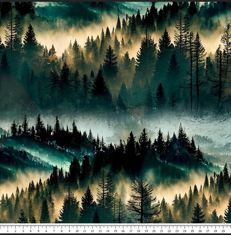 May include: A misty forest scene with tall, dark green pine trees silhouetted against a light blue sky. The fog creates a sense of depth and mystery in the image.
