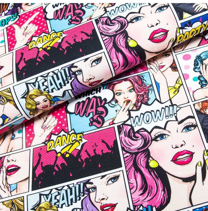 Comic Book Fabric, Premium Digital Print Cotton/ Jersey, Colorfull Pop ...