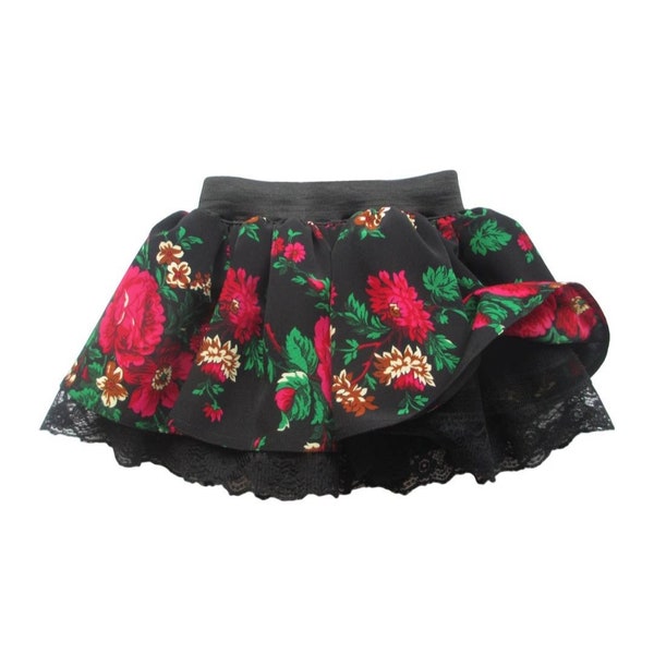 Falda de niña folclórica tradicional, falda floral, falda gitana, rosas en falda negra, falda montañesa folclórica polaca, falda étnica, falda folclórica eslava