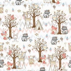 Woodland Baumwollstoff, boho woodland fabric, Waldtiere Baumwolle, Bunny Fox Eule Eichhörnchen Reh Hase Stoff Baumwolle, Tierfreunde Stoff