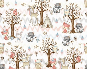Woodland Cotton Fabric, boho woodland fabric,forest animal cotton, Bunny Fox  Owl Squirrel Roe Hare fabric cotton, animal friends fabric